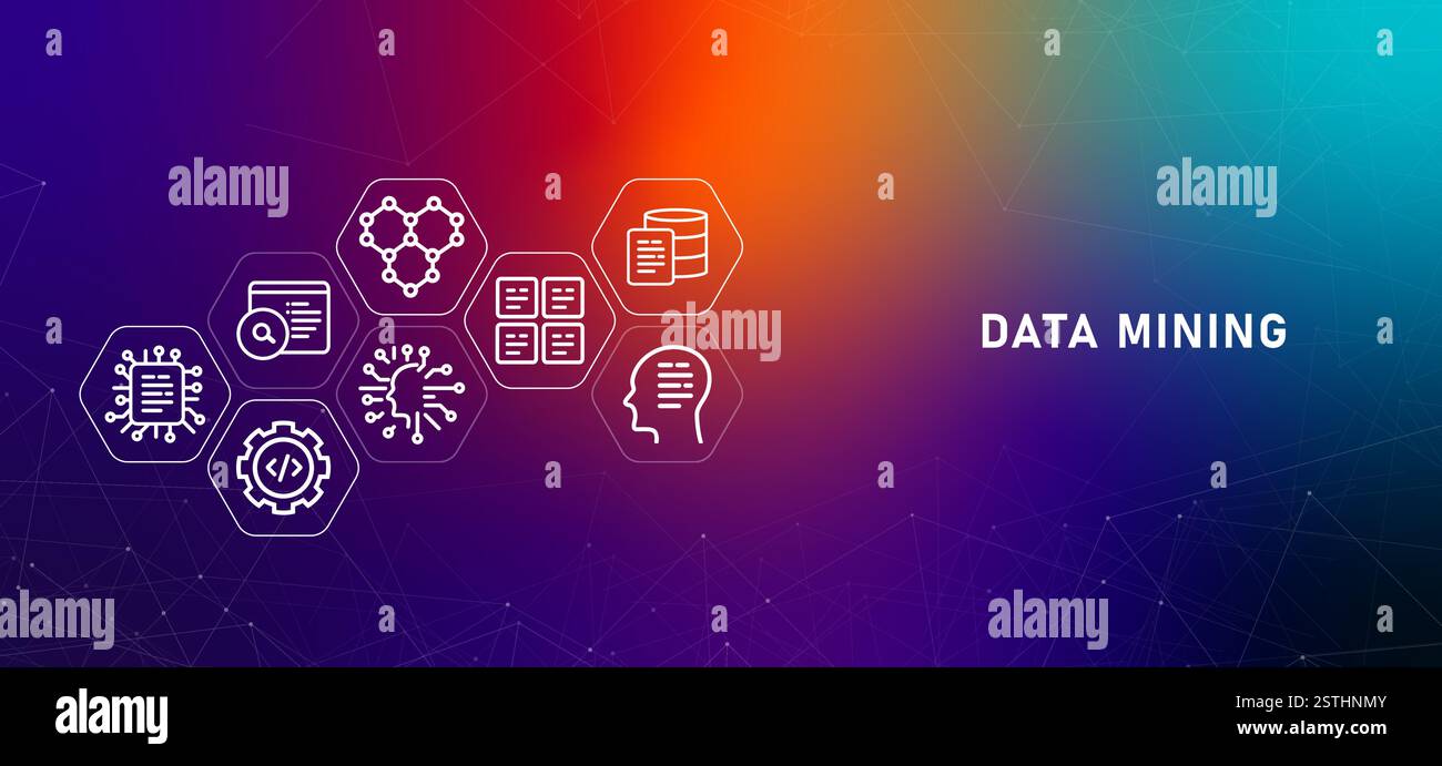 Data mining database harvesting and extraction gradient header information interpretation predictive insights illustration concept Stock Vector