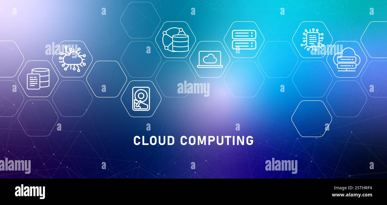 Cloud computing online server gradient header media upload download document data access syncing management development database technology icon Stock Vector