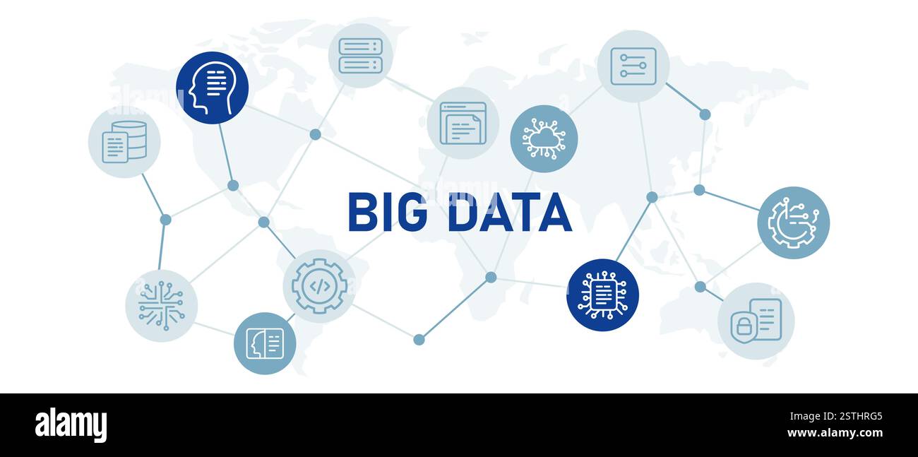 Big data large data set database aggregation large scale massive data icon set with illustration cloud database computing document analysis modern Stock Vector
