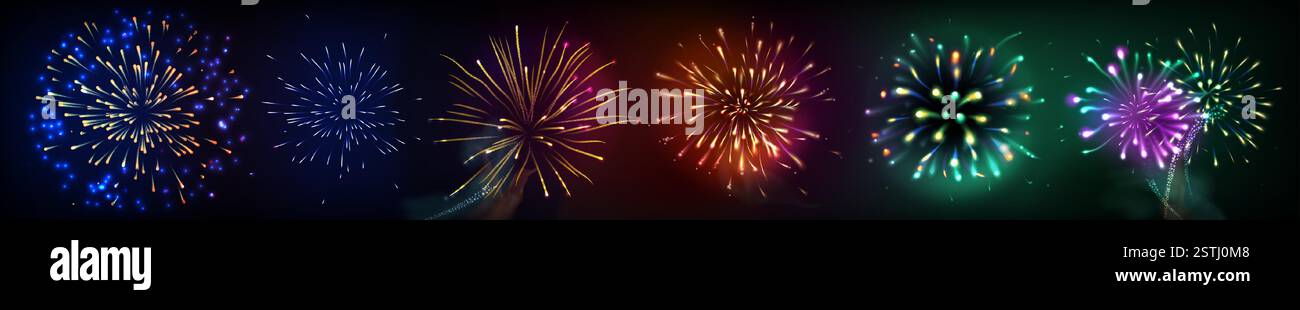 Colorful firework set with bright multicolored bursts explosive effects ...