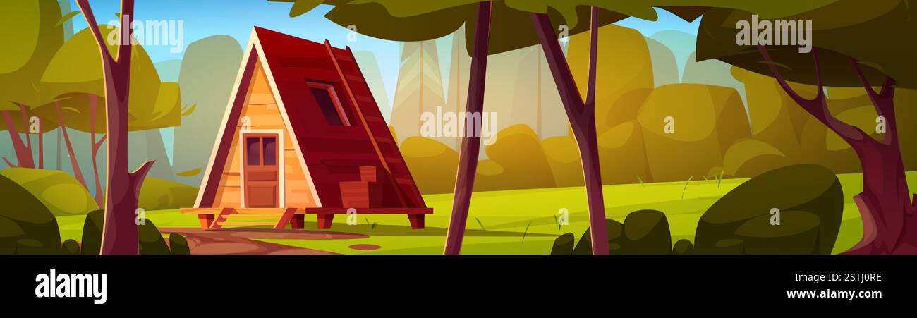 Log cabin in forest landscape with green meadow and tall trees. Wooden ...