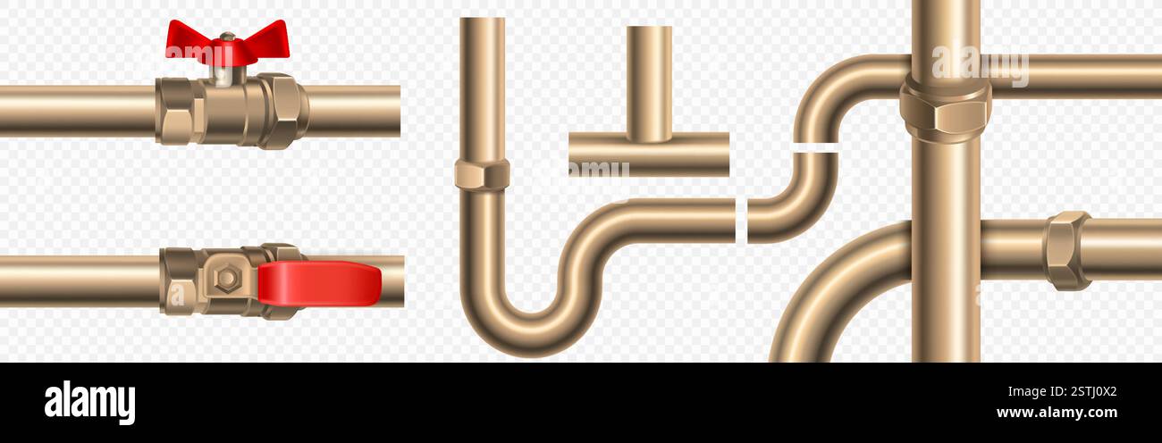 Golden plumbing pipes and connectors set - straight tubes, curved elements, valves with red handles in 3d style. Realistic copper segments, joints, fixtures for construction water supply system. Stock Vector