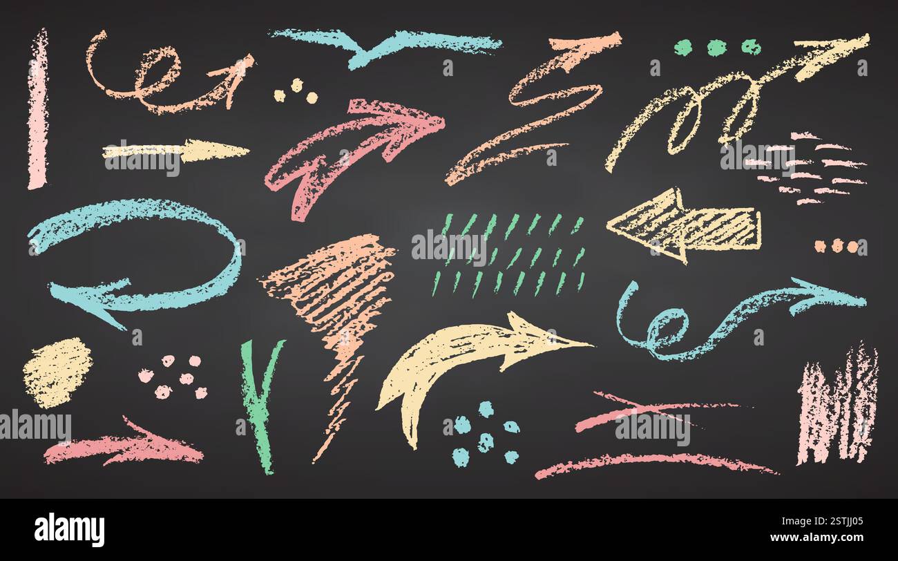 Colorful Swoops Charcoal color pastel pencil hand drawing curly arrows. White elements ...
