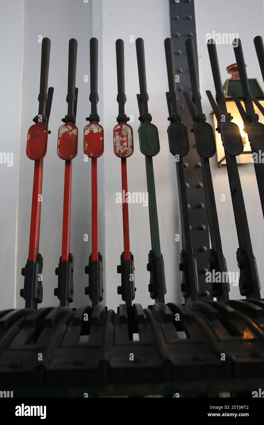 Central apparatus of levers and railroad interlocking "Saxby & Farmer". 1882. Piece: 00356. London. Railway Museum, Madrid. Spain. Stock Photo