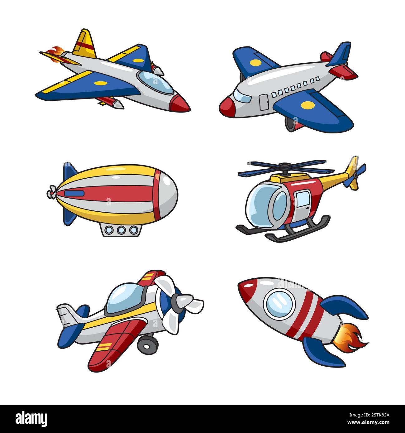 Cartoon illustration of various air transportation. helicopter, fighter plane, aeroplane, propeller plane, zeppelin, and rocket Stock Vector