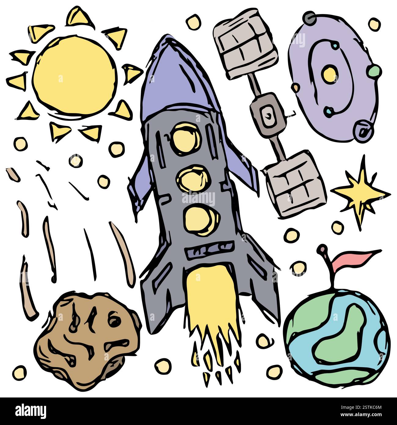 Space vector icons. Space sketch. Drawn Cosmos background. Doodle ...