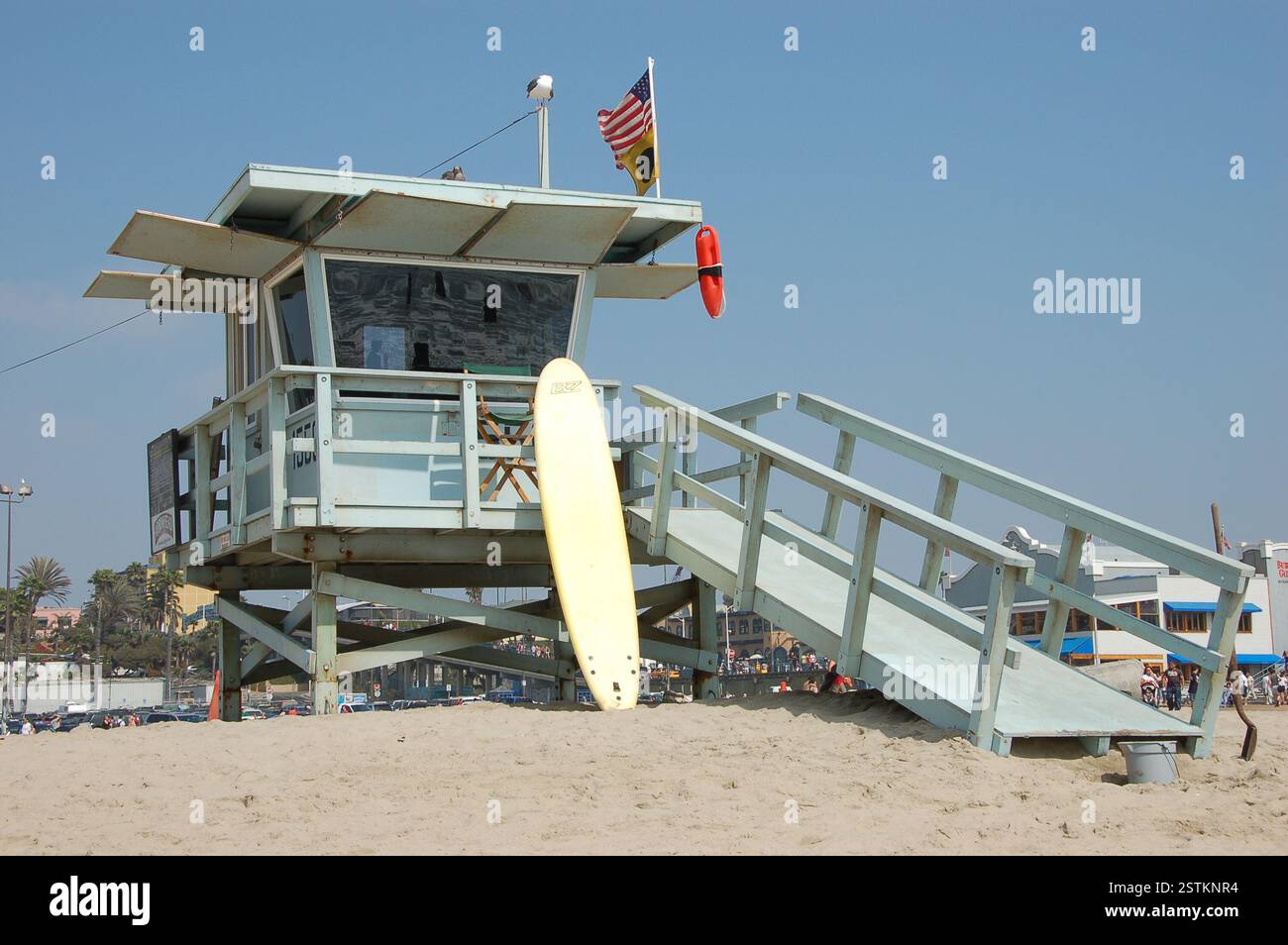 Santa Monica Beach lifeguard station with iconic rescue tower with surf ...