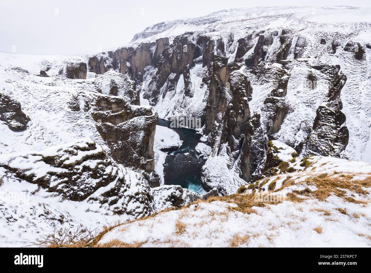 View of Fjadrargljufur canyon in winter. Kirkjubæjarklaustur, Sudurland (southern Iceland), Iceland, northern Europe. Stock Photo