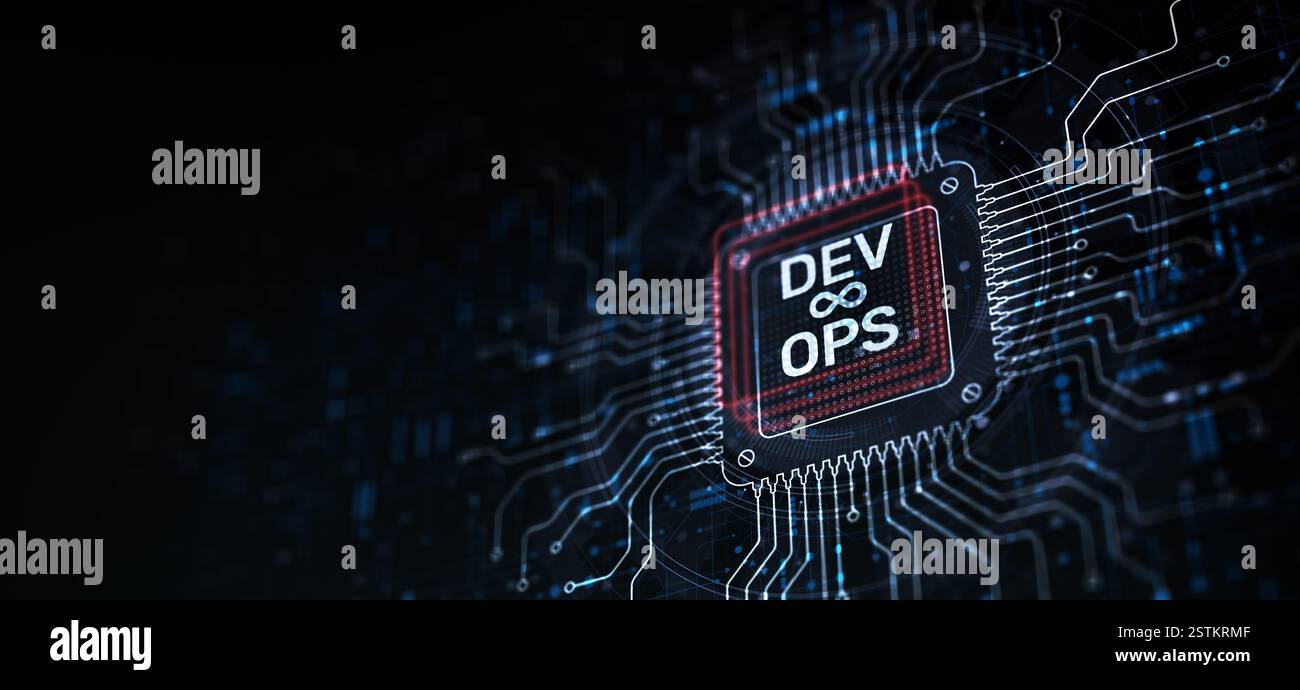 DevOps Integrating Development and Operations for Efficient Software Delivery Illustrated on a Processor Touched by a Human Hand. Stock Photo