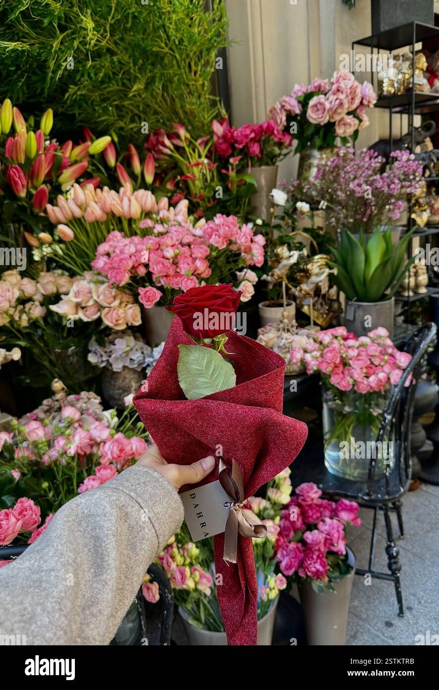 A display outside a flower shop in Lugano, Switzerland with a white hand extended holding a single rose gift wrapped in red cloth. - Smartphone Captured Stock Image