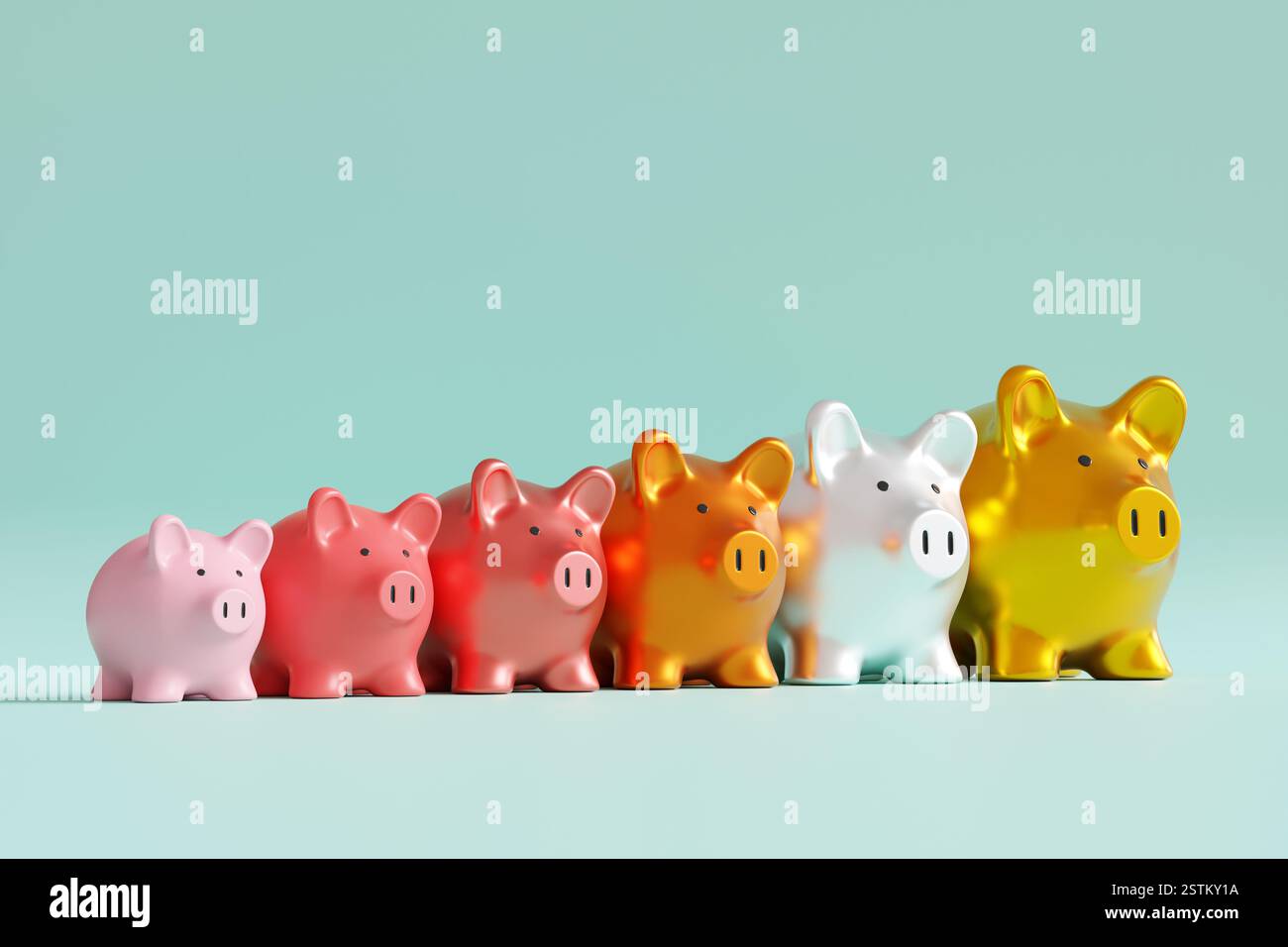 Piggy banks lining in a row from small to large and pink to gold on green background. Wealth building and profitable return on investment Stock Photo