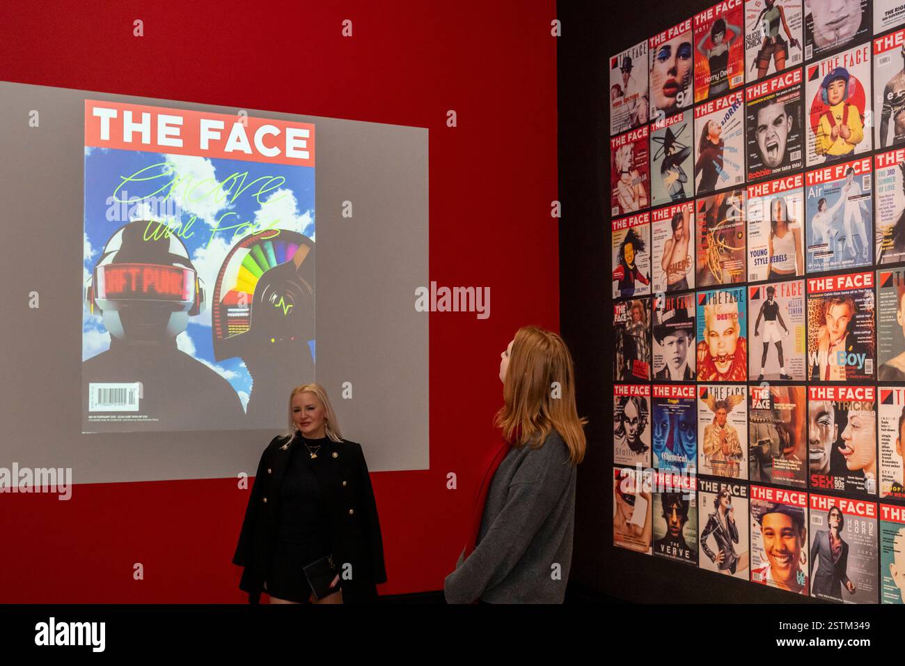 [Editorial Use Only – Critique or review only] London, UK.  19 February 2025. A wall of front covers and digital projection at a preview of ‘The Face Magazine: Culture Shift’ at the National Portrait Gallery.  The exhibition celebrates images from The Face, the youth culture and style magazine which ran from 1980 to 2004, that has shaped the creative and cultural landscape in Britain and beyond.  The show runs 20 February to 18 May 2025. Credit: Stephen Chung / Alamy Live News Stock Photo