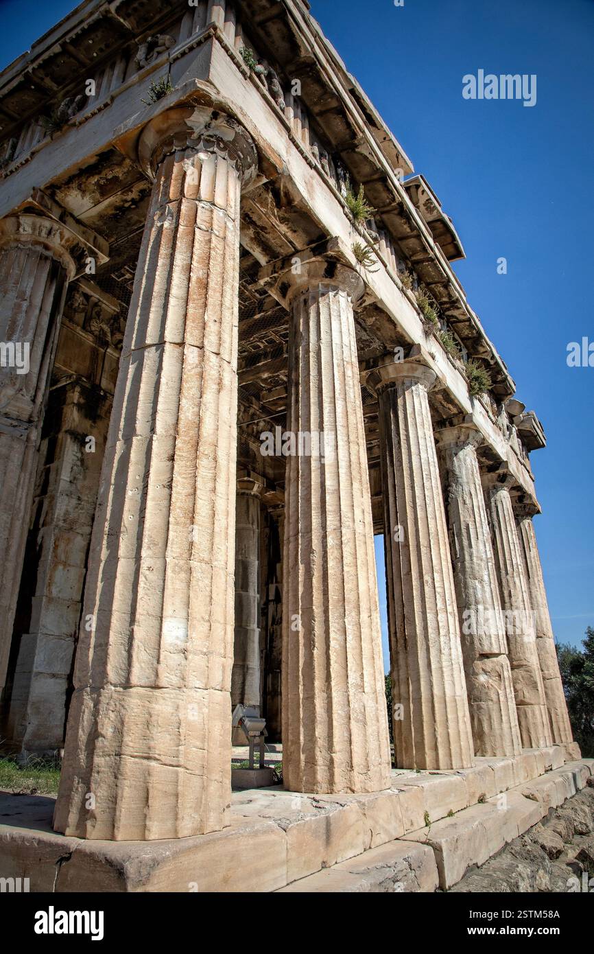 The Temple of Hephaestus, located in the ancient Agora of Athens, Greece, is one of the best-preserved examples of classical Greek architecture. Stock Photo