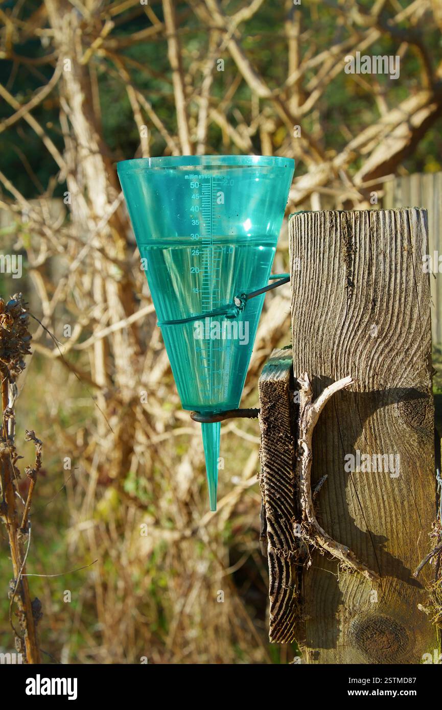 Green Plastic Rain Gauge Containing Rain Water Attached To A Wooden Fence , UK, Concept:  Measuring, Weather,Rainfall Stock Photo
