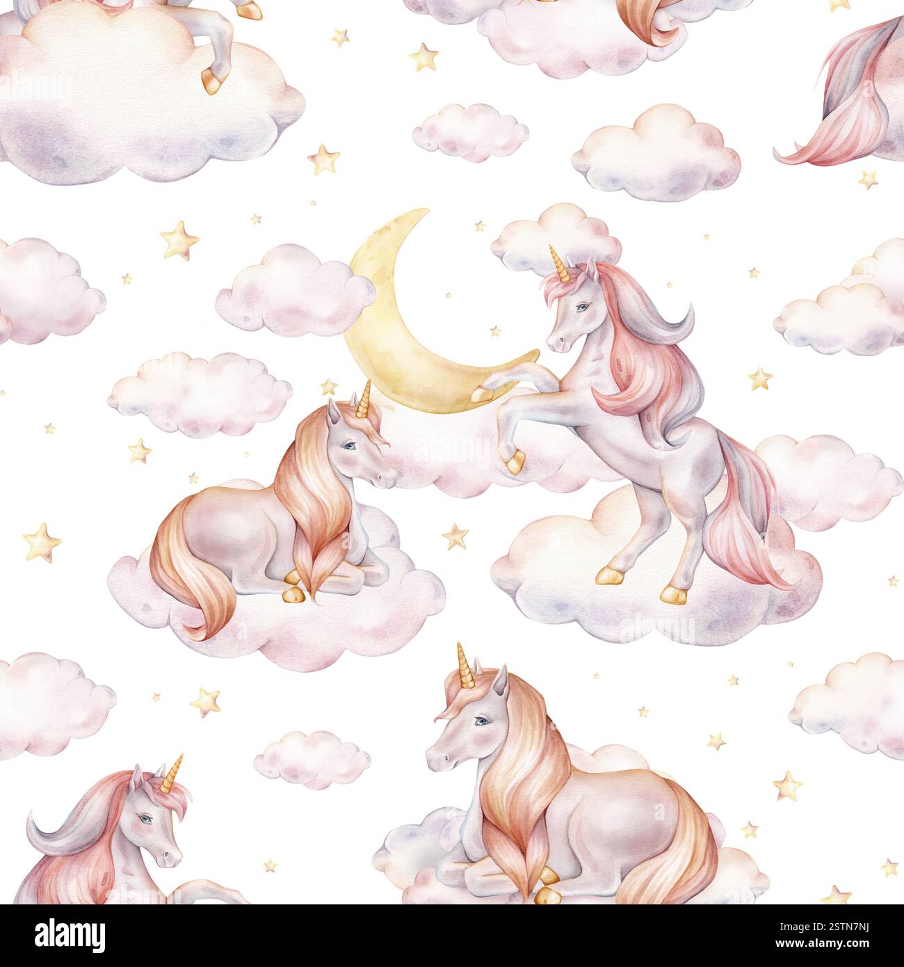 Seamless watercolor pattern with Unicorn and yellow stars, and clouds ...
