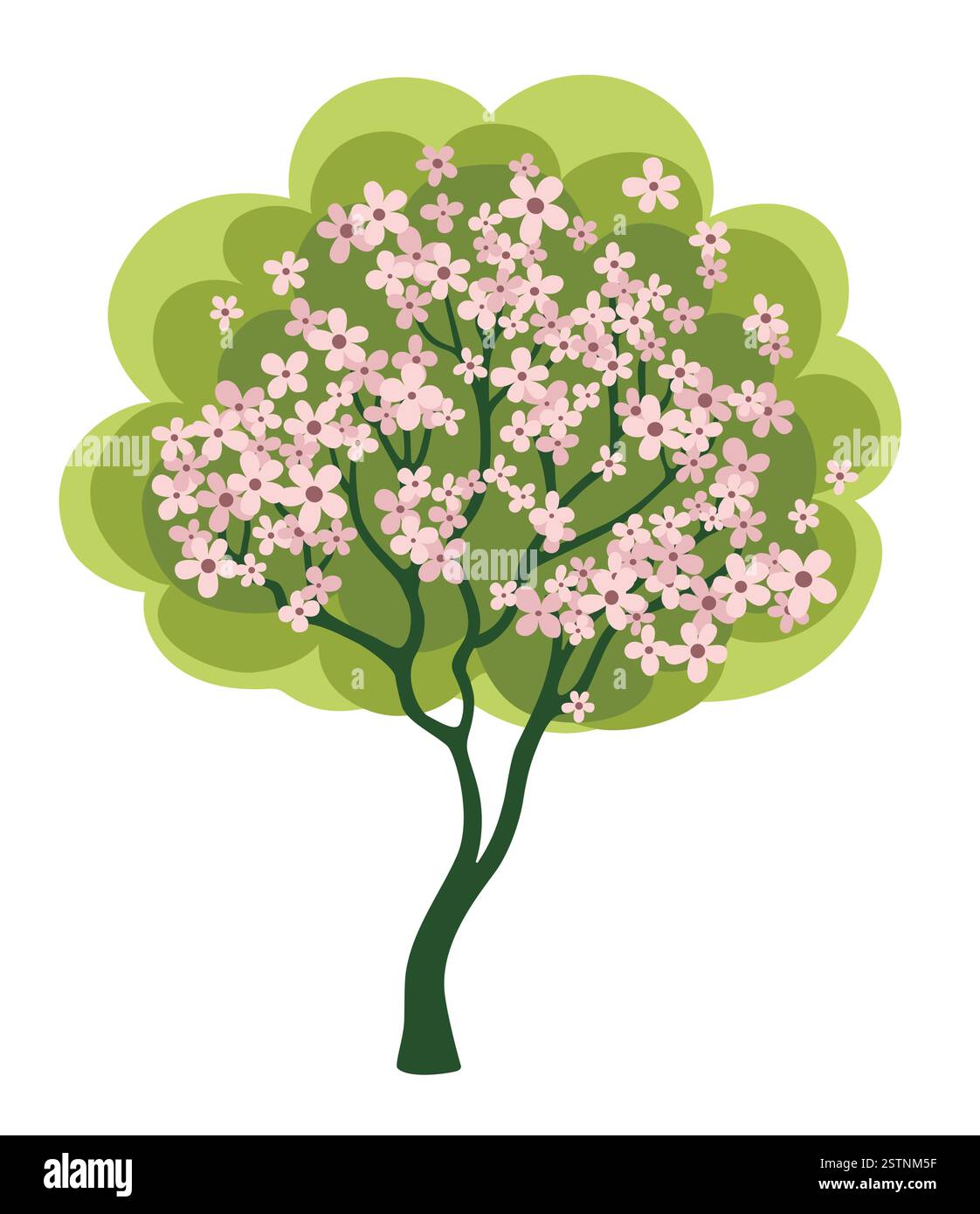 Blooming tree. Spring tree with pink flowers. Isolated vector illustration on white background. Stock Vector