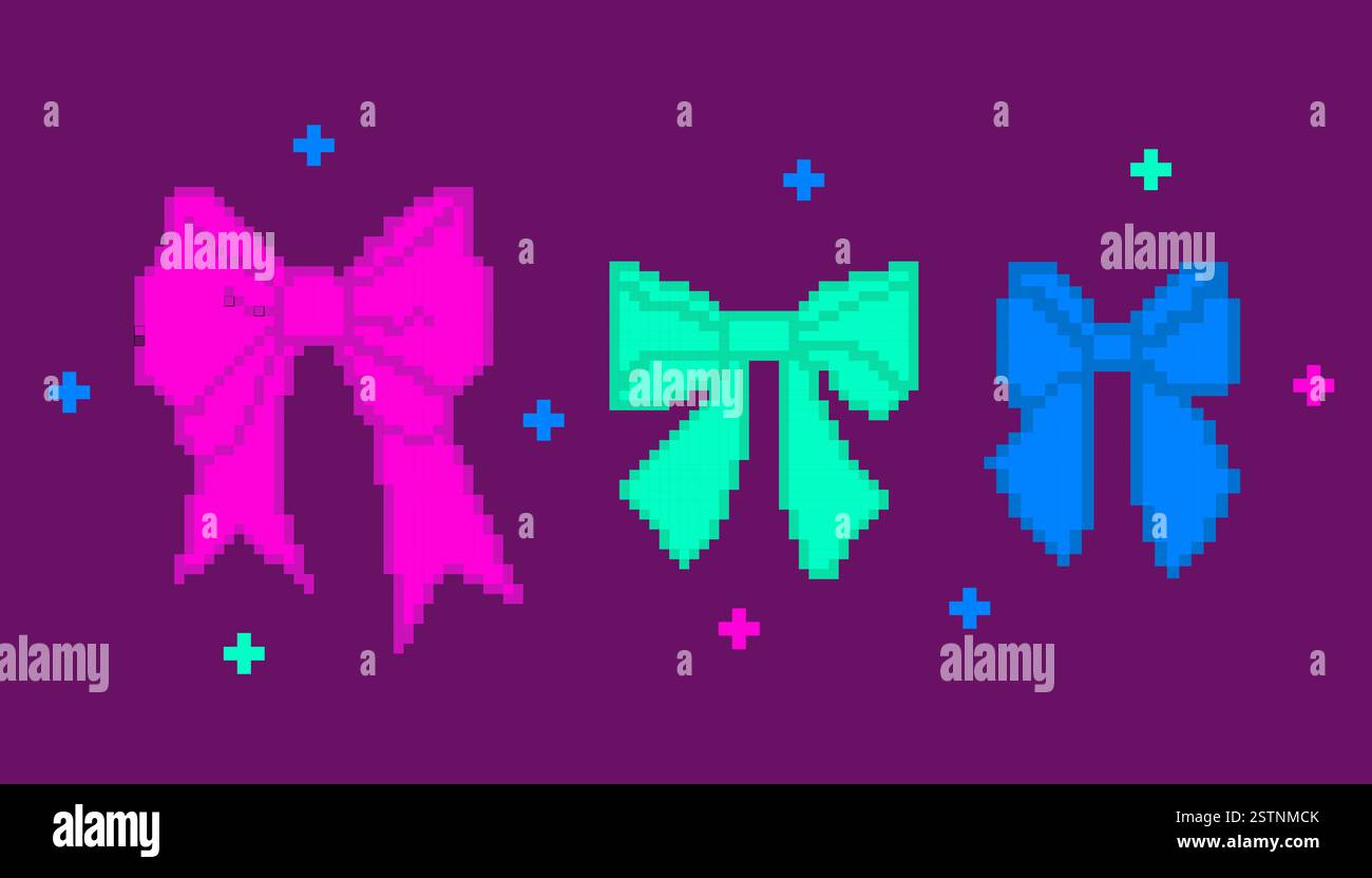 Pixel Art Ribbon Bows in retro 8-bit style. Isolated colorful ribbon ...