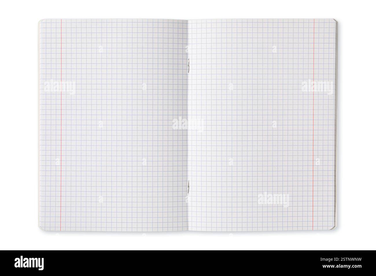 An empty grid notebook lies open on a clean surface, displaying its blank pages Stock Photo
