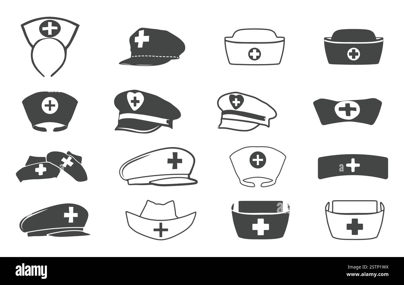 Nurse hat silhouette, Medical nurse hat vectors, Medical nurse hat silhouette, Nurse hat bundle Stock Vector