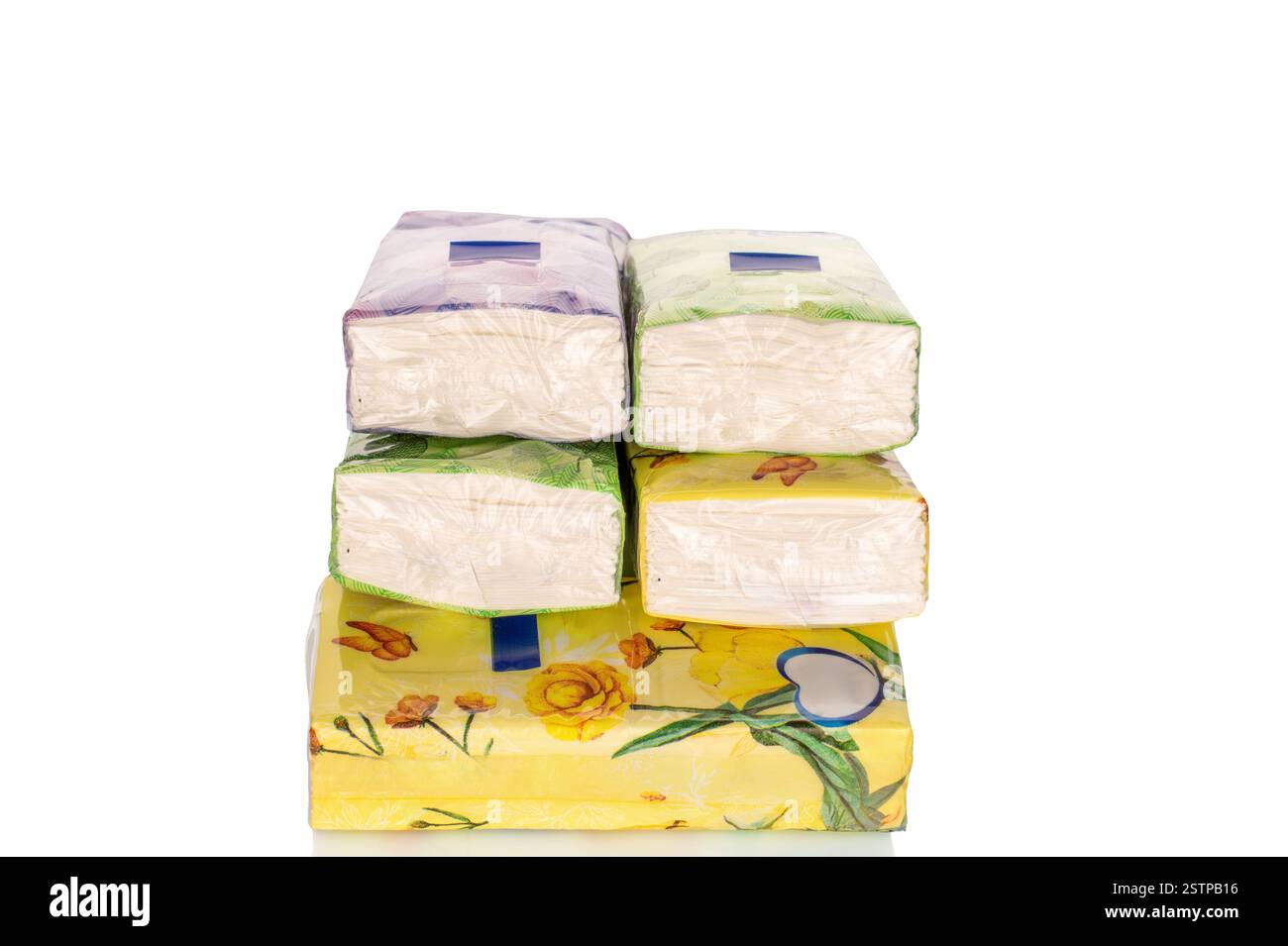Several packs of paper dry wipes, close-up, isolated on white ...