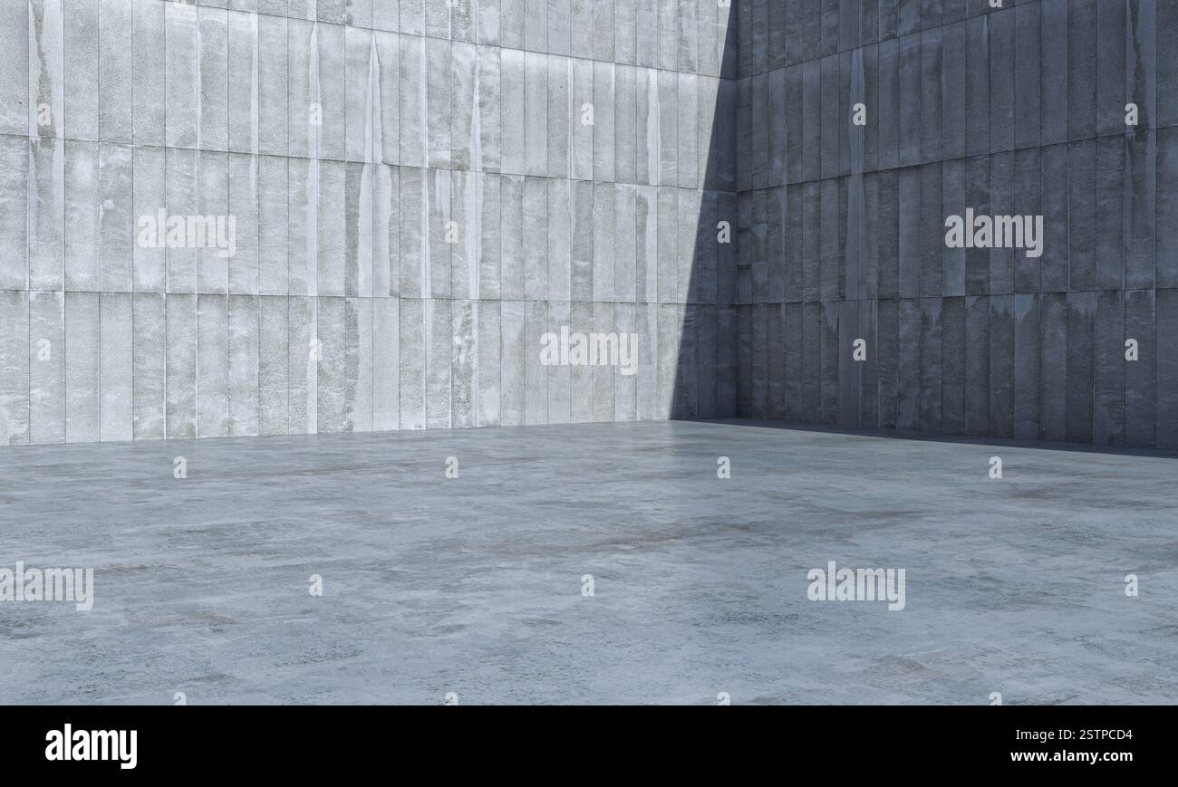 Empty concrete room corner with sunlight creating strong shadows 3d Stock Photo