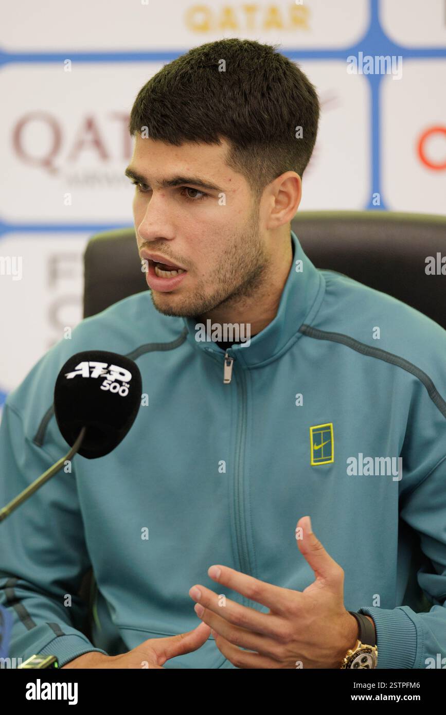 Carlos Alcaraz of Spain during the 2025 Qatar ExxonMobil Open, ATP 500 ...