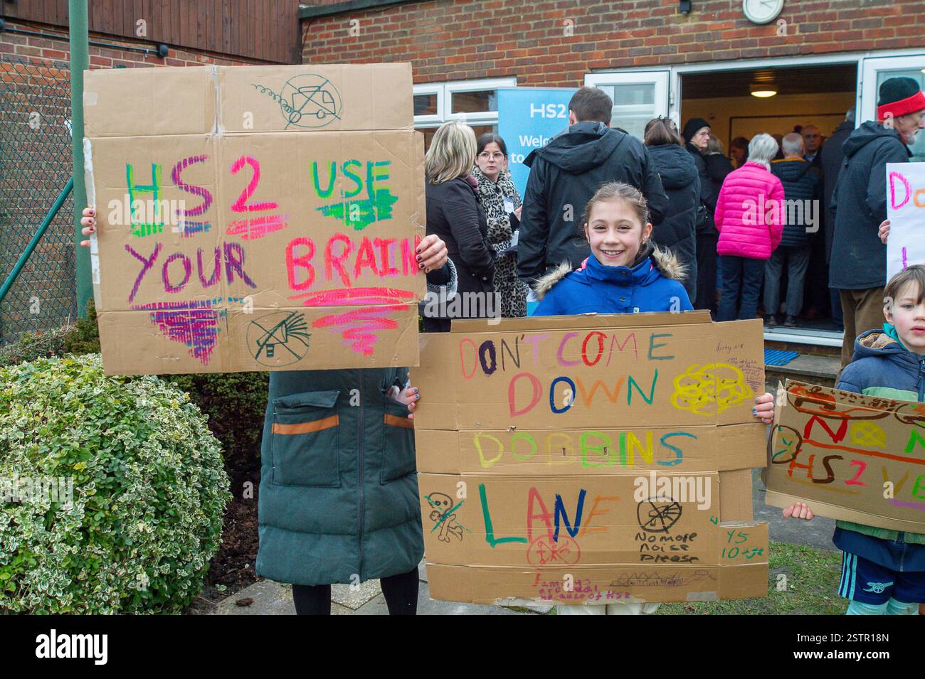 Wendover, UK. 19th Febuary, 2025. Locals protesting outside an HS2