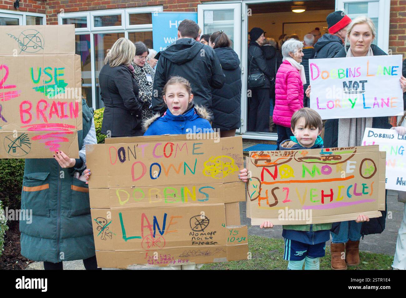 Wendover, UK. 19th Febuary, 2025. Locals protesting outside an HS2