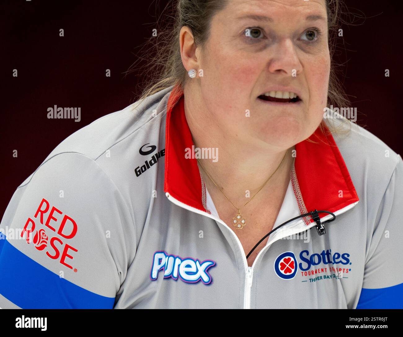 Thunder Bay, Canada. 18th Feb, 2025. Northwest Territories lead Shona Barbour wears her Scotties