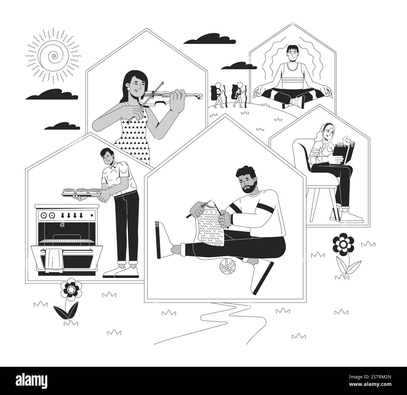 Offline hobbies at home black and white 2D illustration concept Stock ...