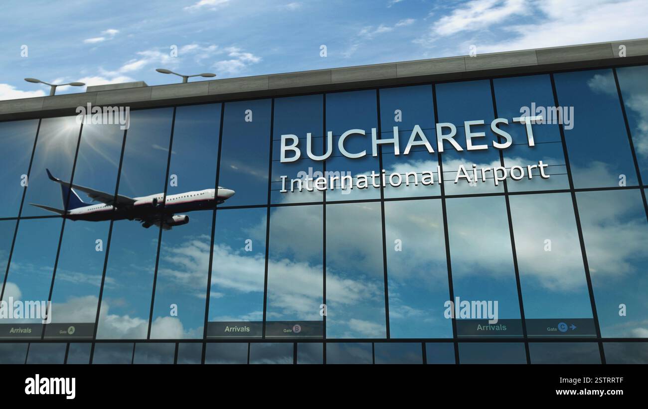 Aircraft landing at Bucharest, Romania 3D rendering illustration ...