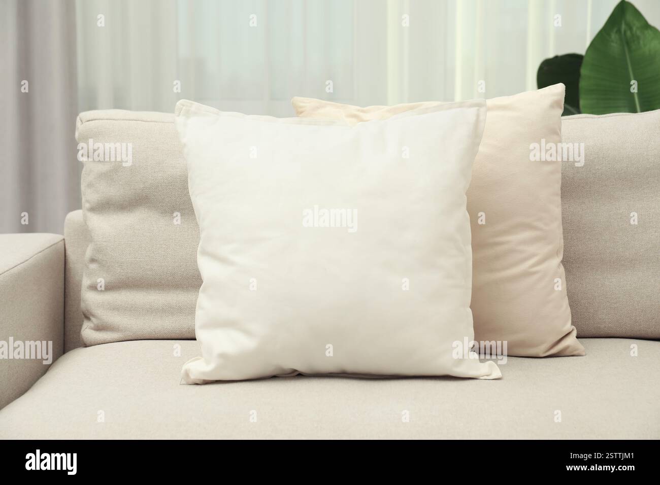 Blank soft pillow on cozy couch indoors Stock Photo
