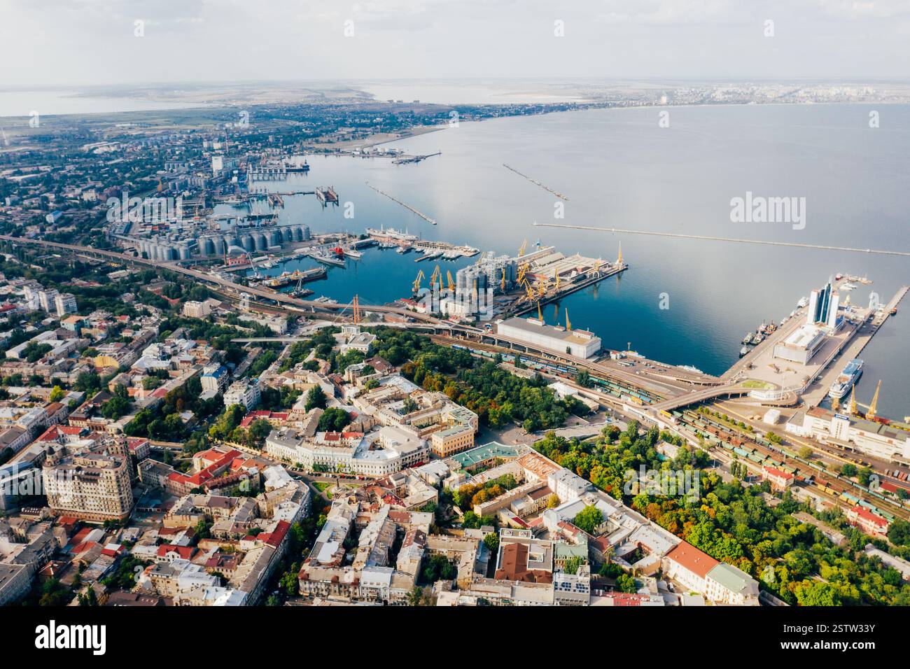 Aerial footage of the old City and port Stock Photo