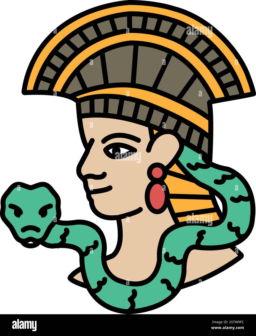A woman with a snake around her neck. The snake is green and the woman is wearing a gold headdress Stock Vector