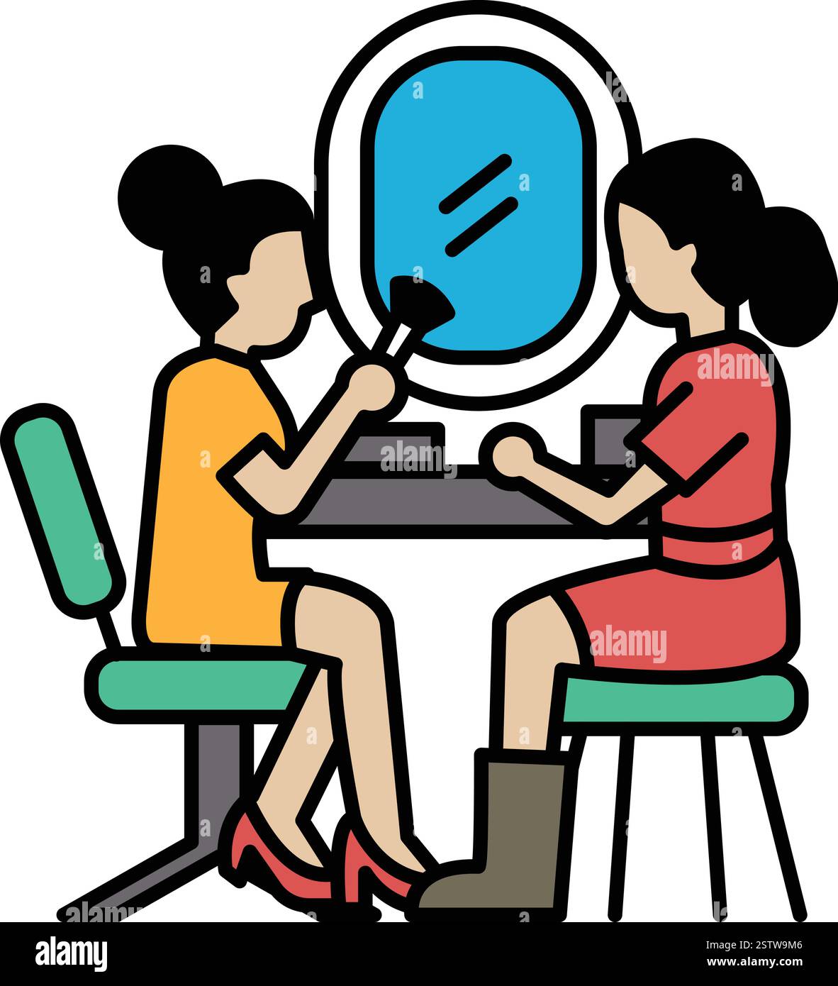 Two women are sitting at a vanity table, one of them is applying makeup ...