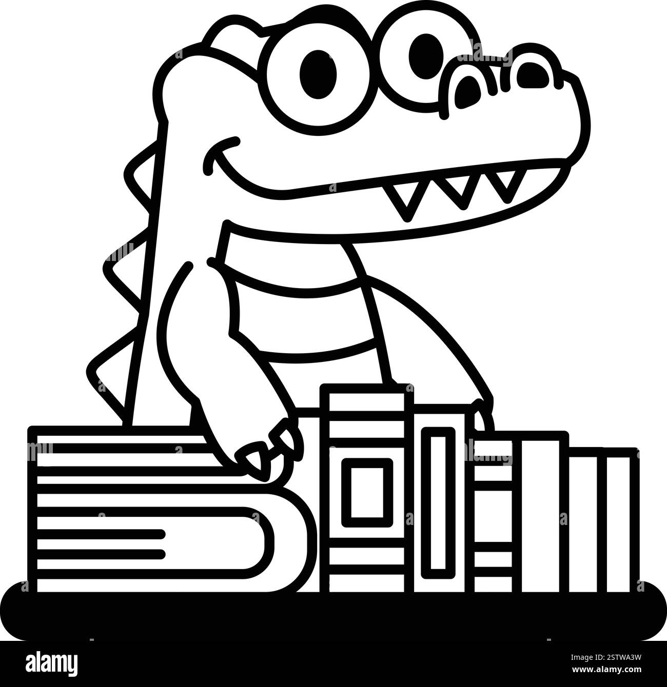 A cartoon crocodile is sitting on a stack of books Stock Vector