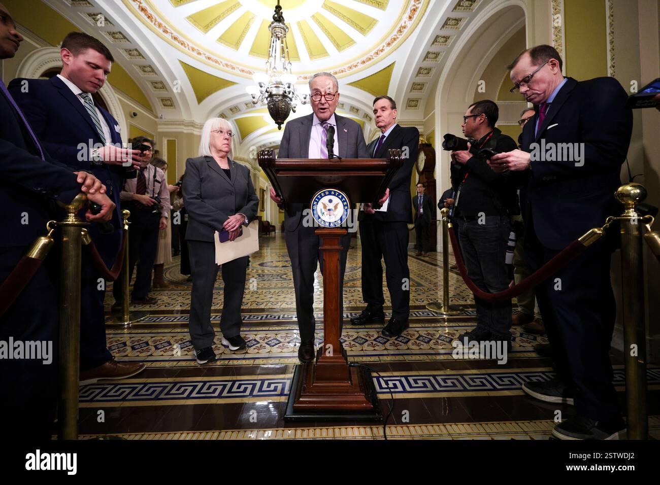 Senate Minority Leader Chuck Schumer (D-NY) speaks to reporters after ...