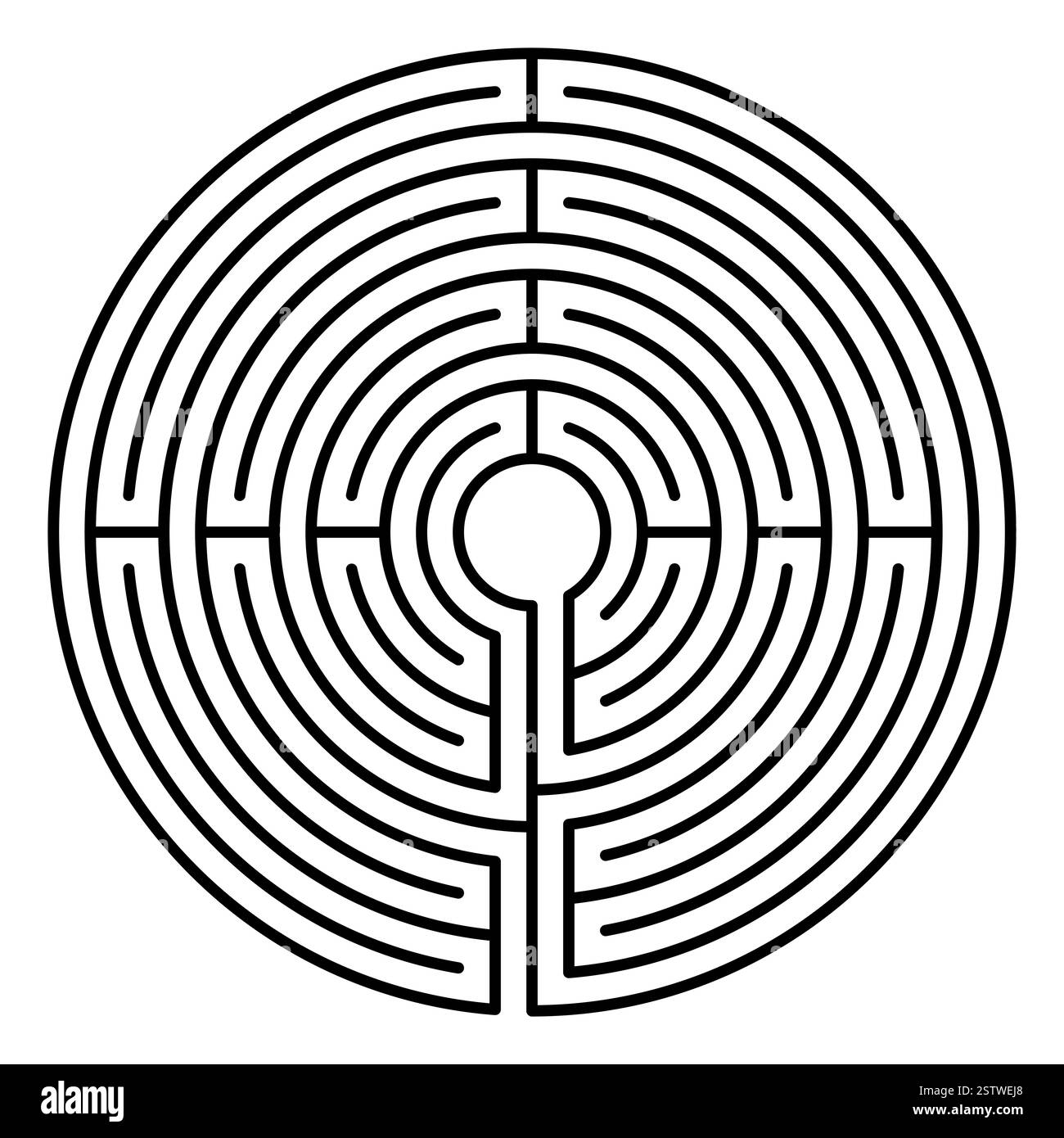 Medieval concentric labyrinth with four axis and single path. Known as Chartres pattern, appearing in manuscripts as early as the 9th century. Stock Photo