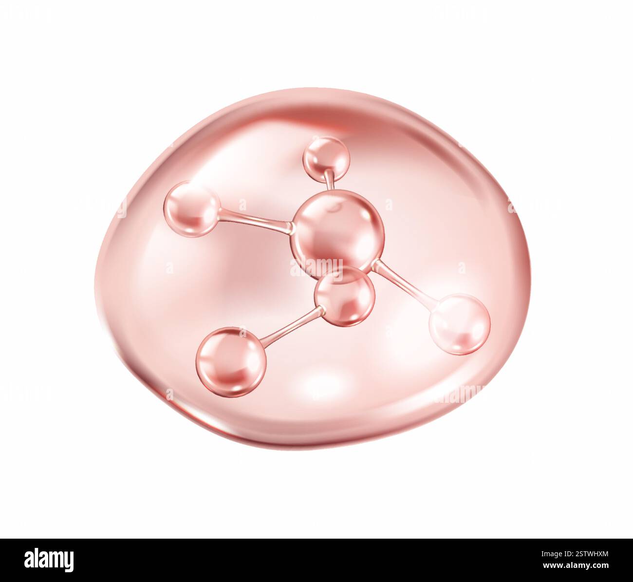 Floating pink collagen molecule structure within drop realistic vector illustration. Innovation of cosmetic products 3d object on white Stock Vector