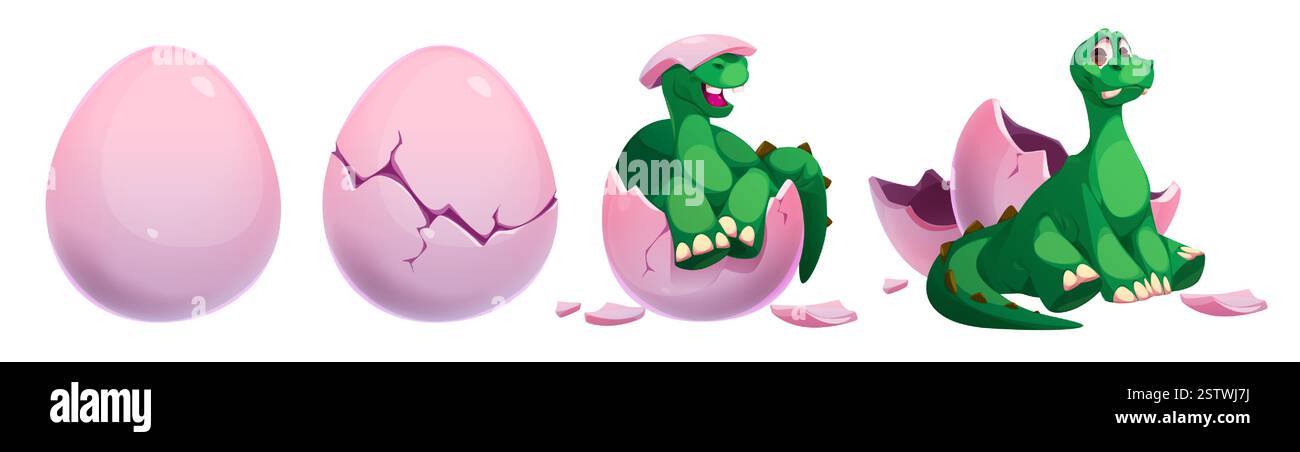 Cracked egg with baby dinosaur set isolated on white background. Vector ...