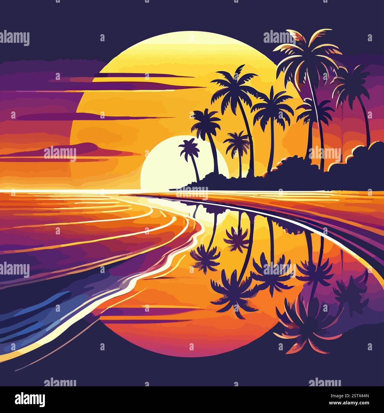 tropical beach sunset with palm trees illustration Stock Vector Image ...