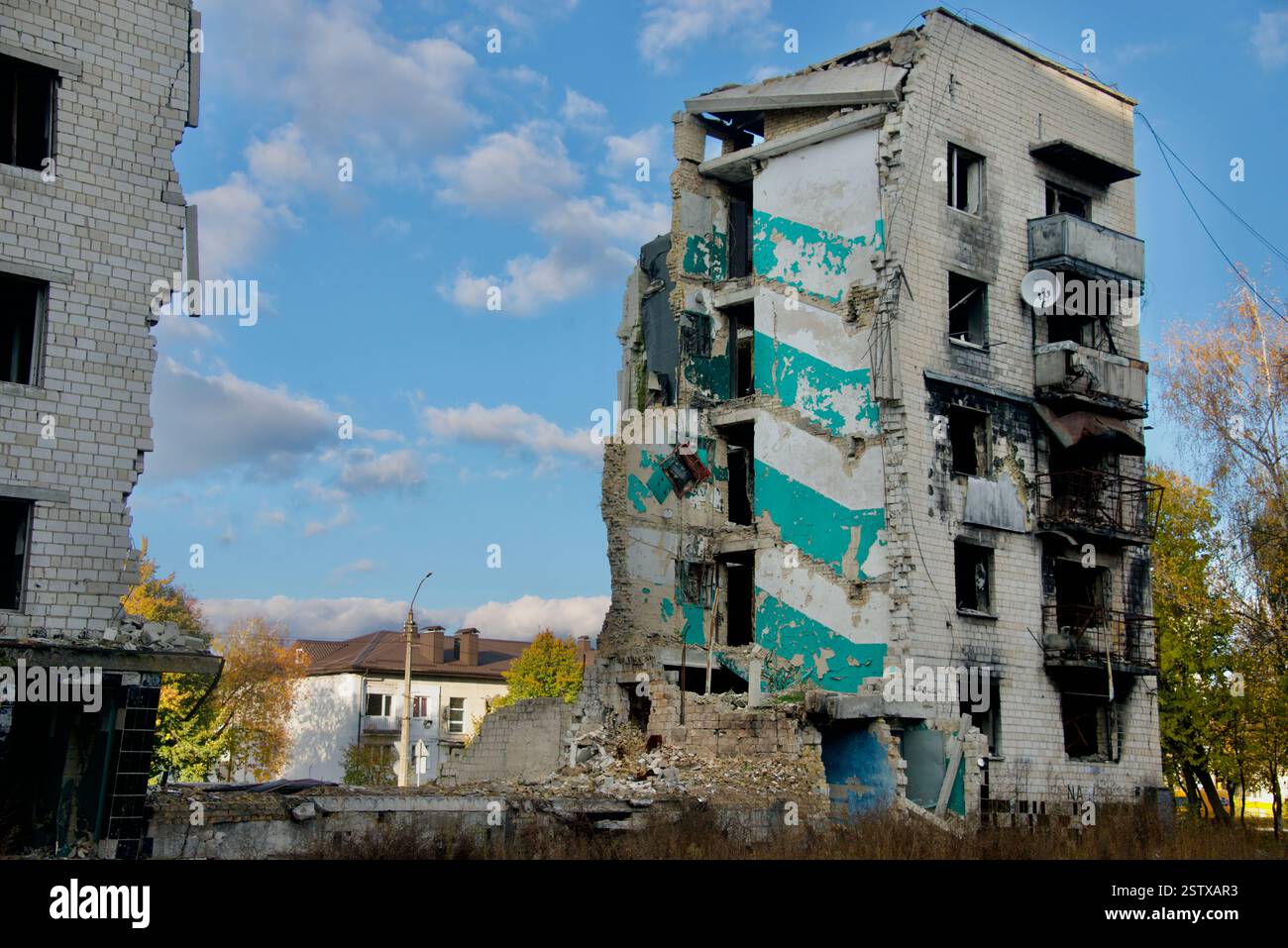 Devastated Building Photo shows an apartment building devastated by Russian attacks on ...
