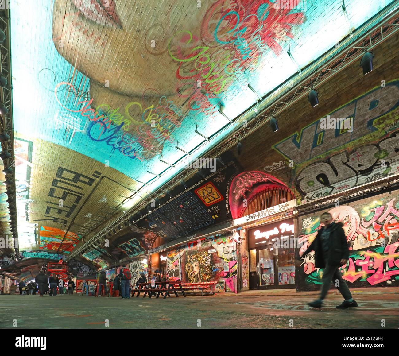 Leake Street Arches, London, UK. A pedestrianised tunnel below Waterloo Station where graffiti is legally permitted. Also houses restaurants and bars. Stock Photo