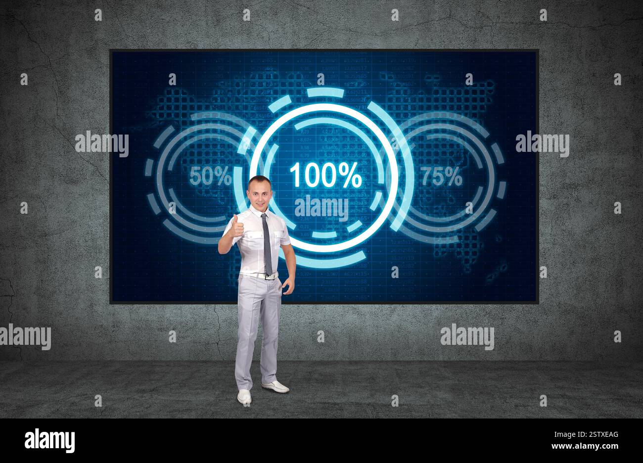 Businessman showing thumbs up and analytics data and percentage charts ...