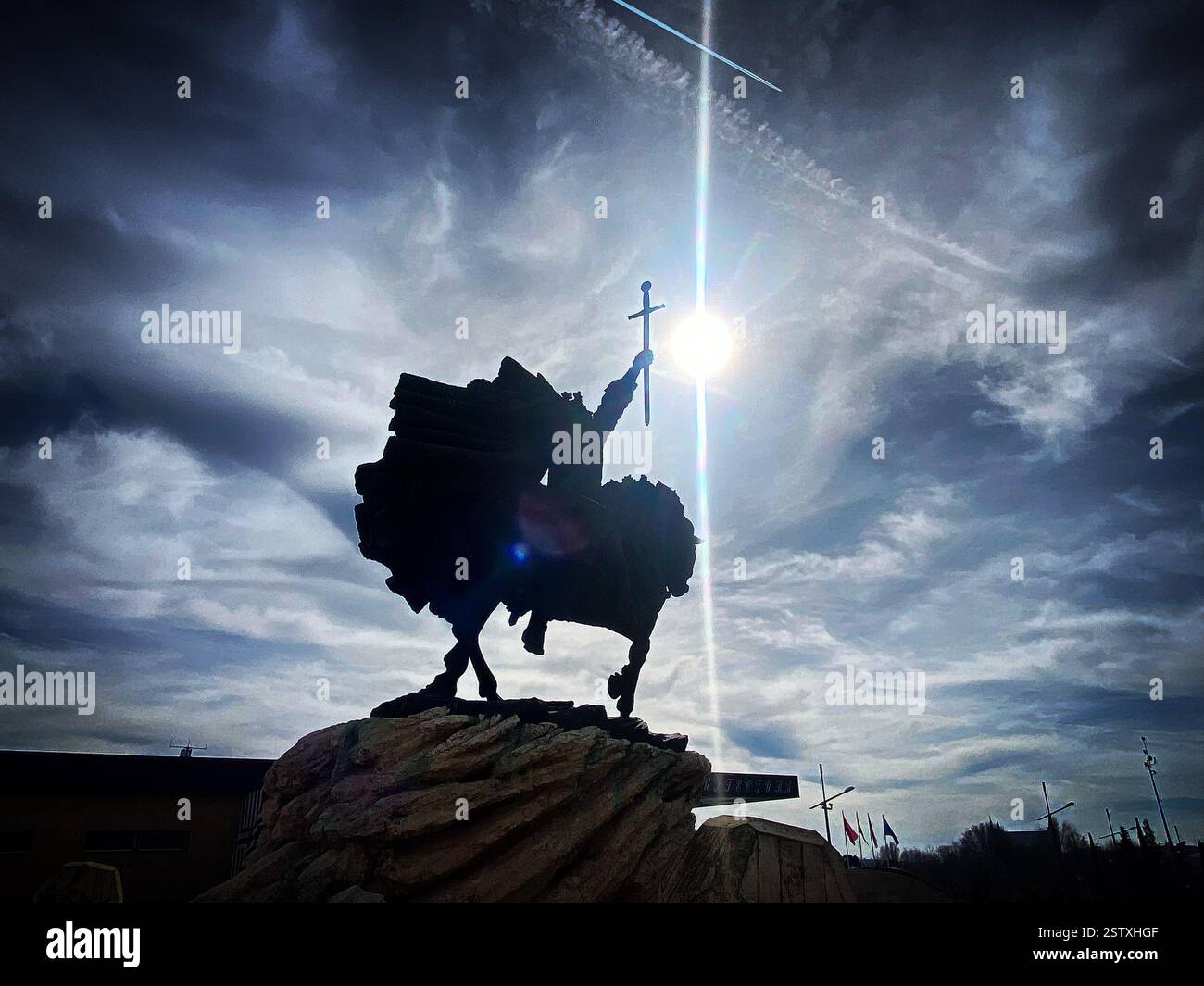 Spanish king Alfonso VI de Leon holding a sword representing a Christian cross in Toledo, Castilla-La Mancha, España - Smartphone Captured Stock Image