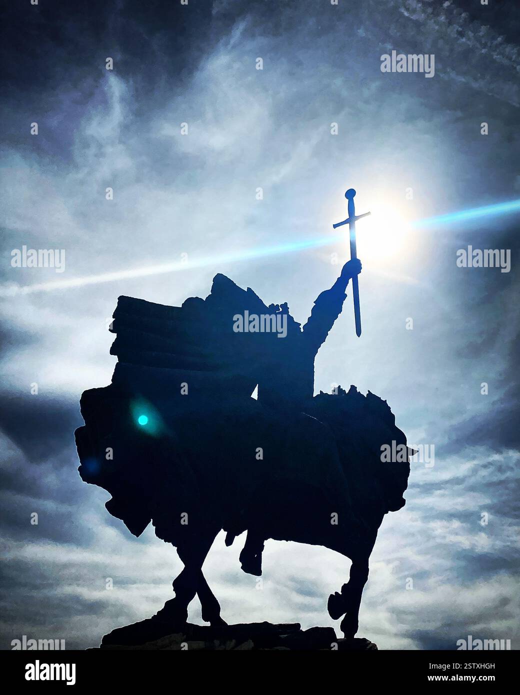Spanish king Alfonso VI de Leon holding a sword representing a Christian cross in Toledo, Castilla-La Mancha, España - Smartphone Captured Stock Image