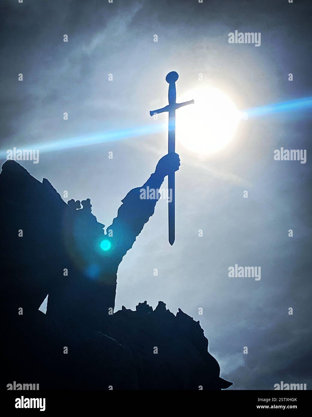 Spanish king Alfonso VI de Leon holding a sword representing a Christian cross in Toledo, Castilla-La Mancha, España - Smartphone Captured Stock Image