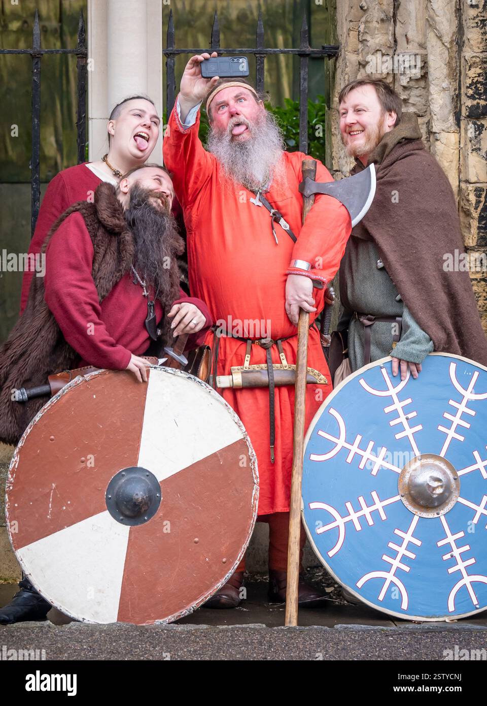 Viking re-enactors take a selfie during a photocall for the Jorvik ...