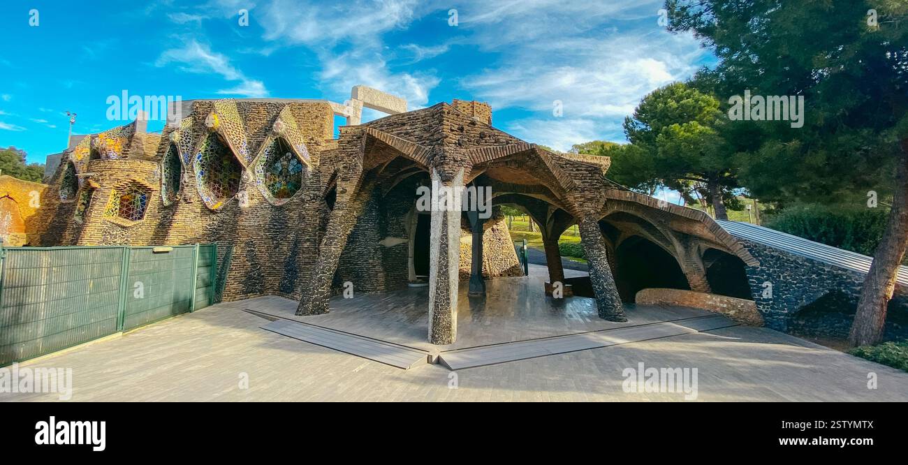 Santa Coloma de Cervello, Spain - January 18, 2025: The portico of the unfinished Church of Colonia Guell, in Santa Coloma de Cervello Catalonia, Spai Stock Photo