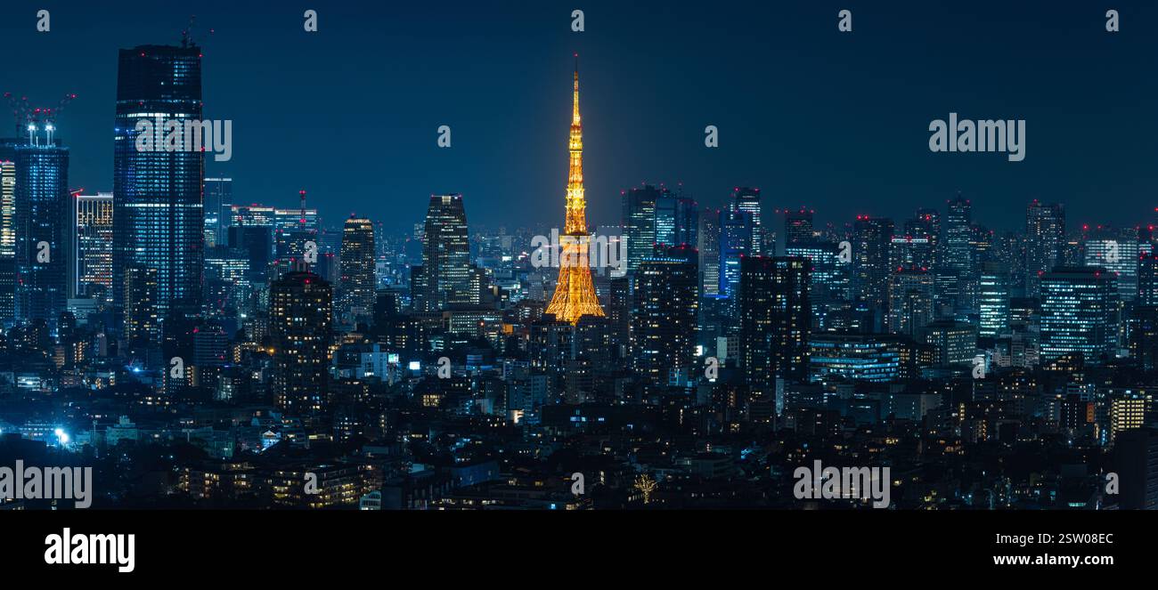 Night view of Tokyo and Tokyo Tower from the sky lounge of Ebisu Garden Place Tower in Shibuya-ku, Tokyo, Japan Stock Photo
